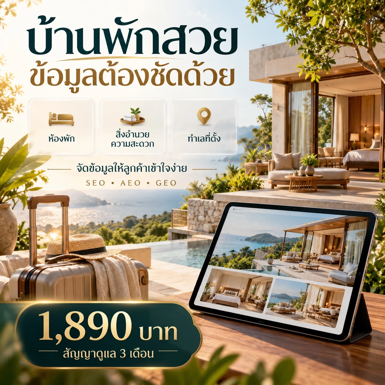 ภาพแนวคิดจัดข้อมูลห้องพัก สิ่งอำนวยความสะดวก และทำเล